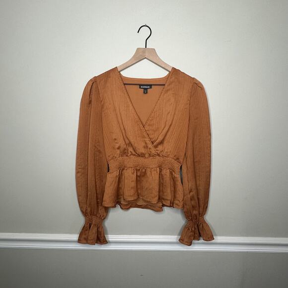 Express Orange Peplum Satin Blouse - Picture 2 of 16